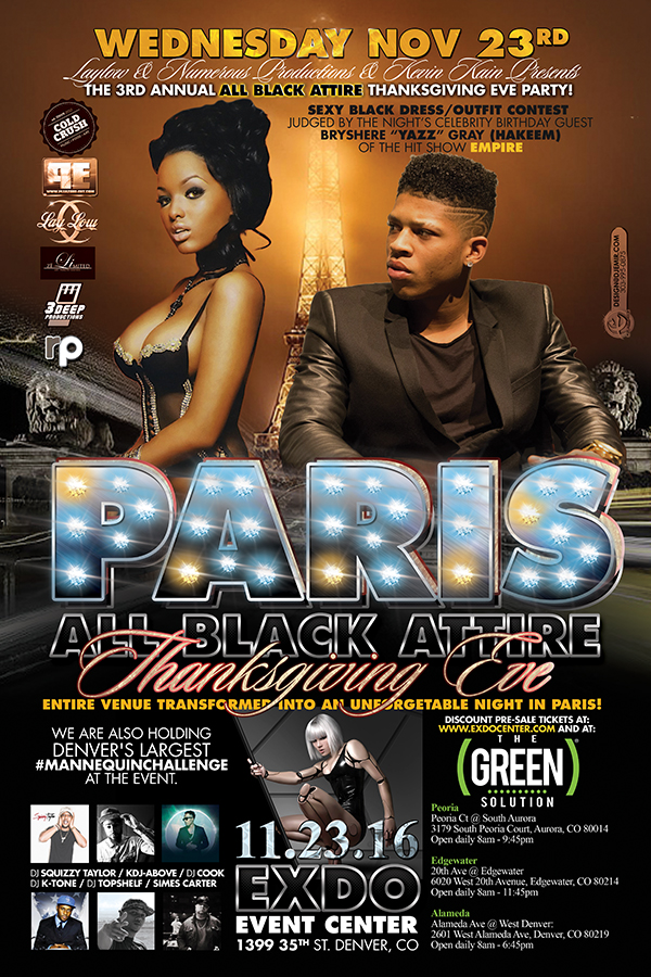 Paris All Black Attire Thanksgiving Eve Flyer with Bryshere Yazz Gray Hakeem from The TV Show Empire judging all black attire contest