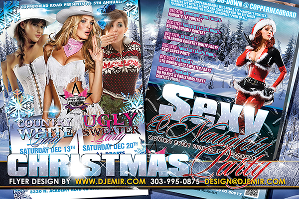 Country White Christmas Sexy and Naughty and Ugly Sweater Christms Party Triple Party Flyer Design