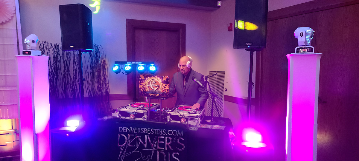 DJ Emir Santana of Denver's Best DJs At a Bollywood Bhangra Indian Wedding Engagement Party at Fossil Trace Country Club in Golden Colorado with Turntables and DJ Lighting